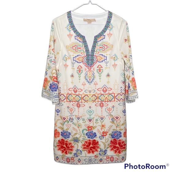 Anthropologie Dresses & Skirts - Anthro Champagne & Strawberry Embroidered Trim Shift Dress Small